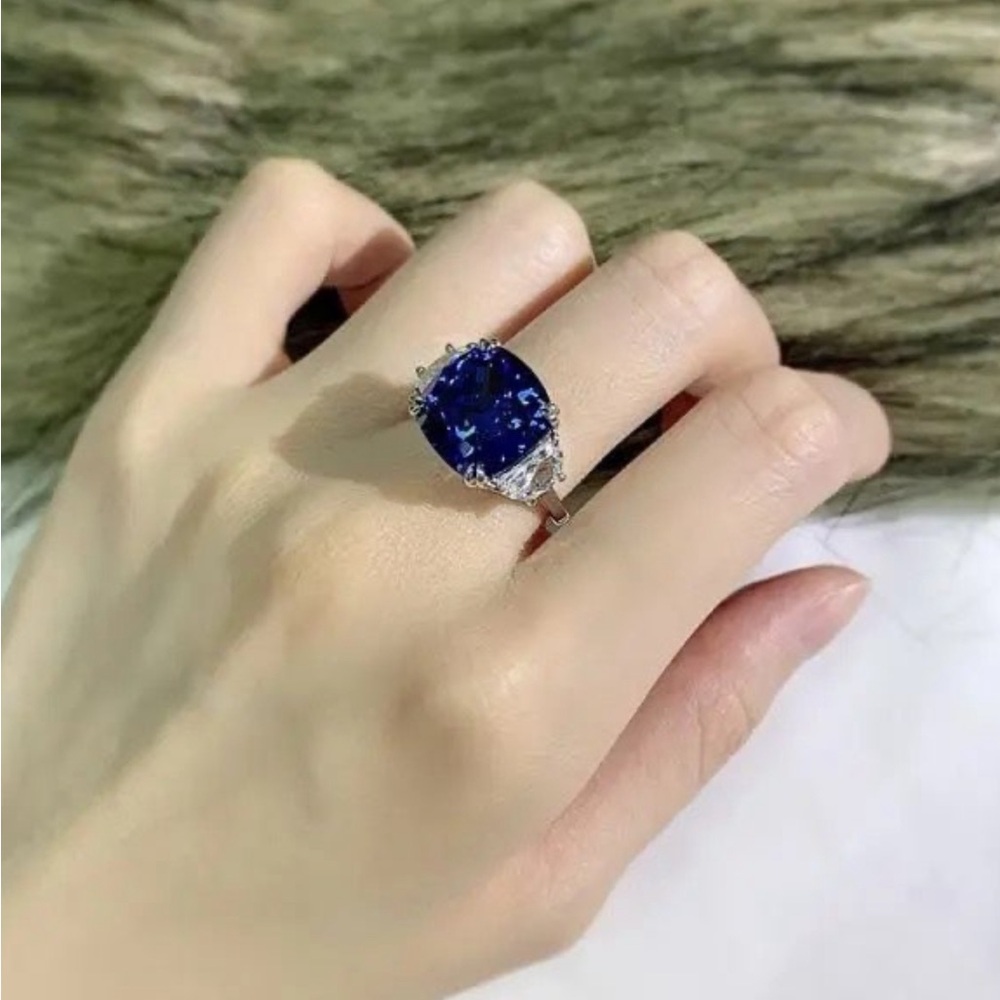 925 Solid Sterling Silver Blue Created Sapphire E… - image 2